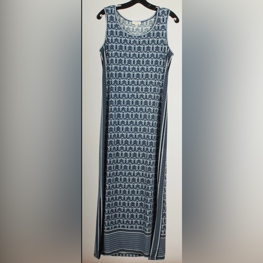 Max Studio Women’s Dress Small Blue White Maxi Sleeveless Stretch Side Split